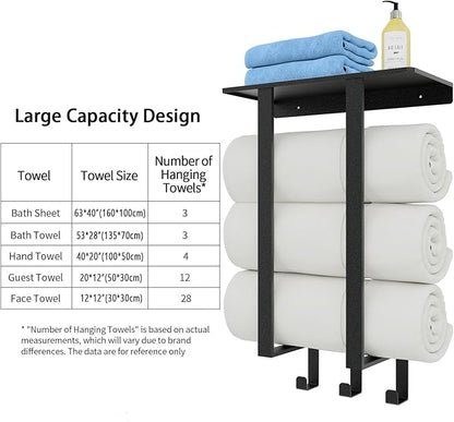Towel Racks for Bathroom, Towel Rack with Shelf and 3 Hooks, Towel Storage Holders Wall for Rolled Bath Towels, Black