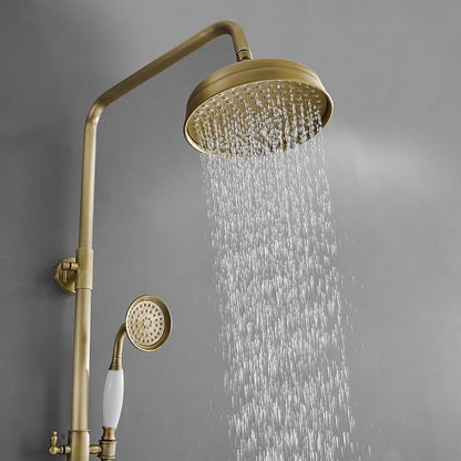 Outdoor Shower Features, Exposed Shower System 3 Function | 8 Inch Rain Shower Head,Handheld Shower Head & Tub Spout,Solid Brass,Dual Handle,High Pressure,Wall Mounted,Antique Brass