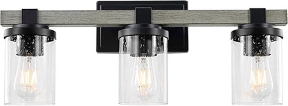 JONATHAN Y 22.75" Black/Gray Oak Wood Finish LED Vanity Light, Rustic Farmhouse Sconce, Clear Seeded Glass Shade, Industrial Wall Lamp for Bathroom Mirror, Kitchen Sink, LED Bulb (JYL7509B)