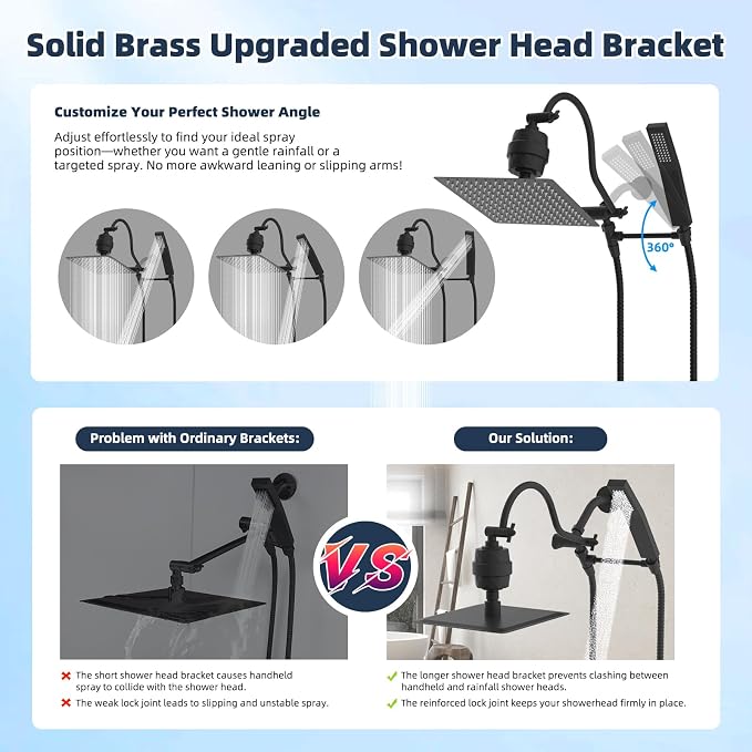 Hibbent All Metal 12'' Filtered Rainfall Shower Head Combo, High Pressure Handheld Shower Wand, 12'' Adjustable Extension Arm, 20 Stage Shower Filter, 71'' Hose, Shower Head Holders, Matte Black