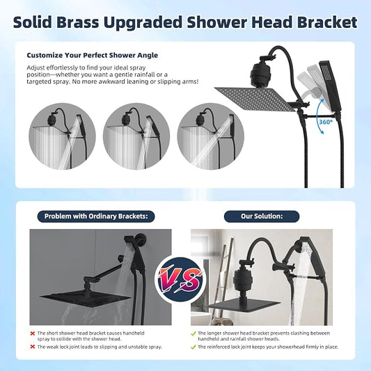 Hibbent All Metal 12'' Filtered Rainfall Shower Head Combo, High Pressure Handheld Shower Wand, 12'' Adjustable Extension Arm, 20 Stage Shower Filter, 71'' Hose, Shower Head Holders, Matte Black