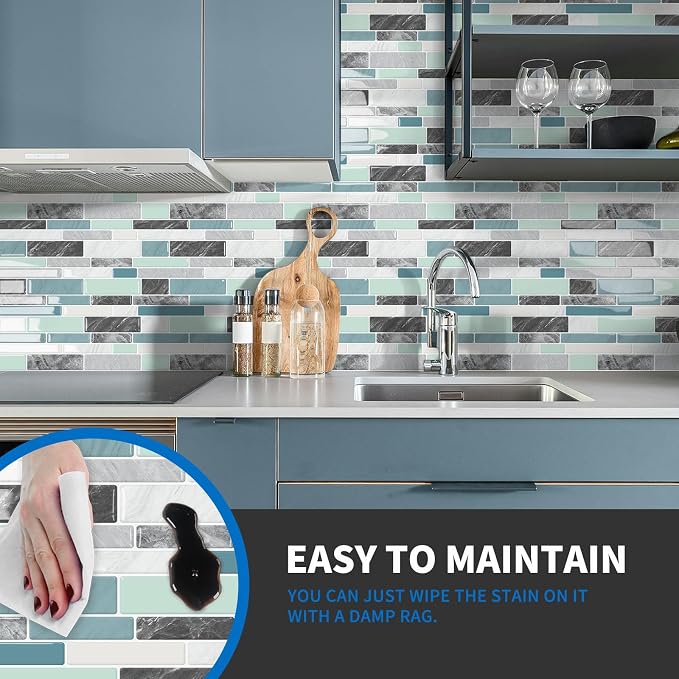 10-Sheet Peel and Stick Kitchen Backsplash Tiles | 3D Waterproof Self Adhesive Wall Tile Stick on Backsplash for Kitchen and Bathroom(Blue Green,12"×12")