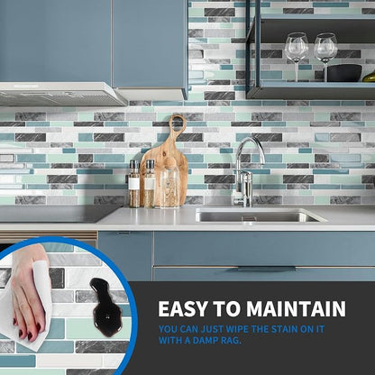 10-Sheet Peel and Stick Kitchen Backsplash Tiles | 3D Waterproof Self Adhesive Wall Tile Stick on Backsplash for Kitchen and Bathroom(Blue Green,12"×12")