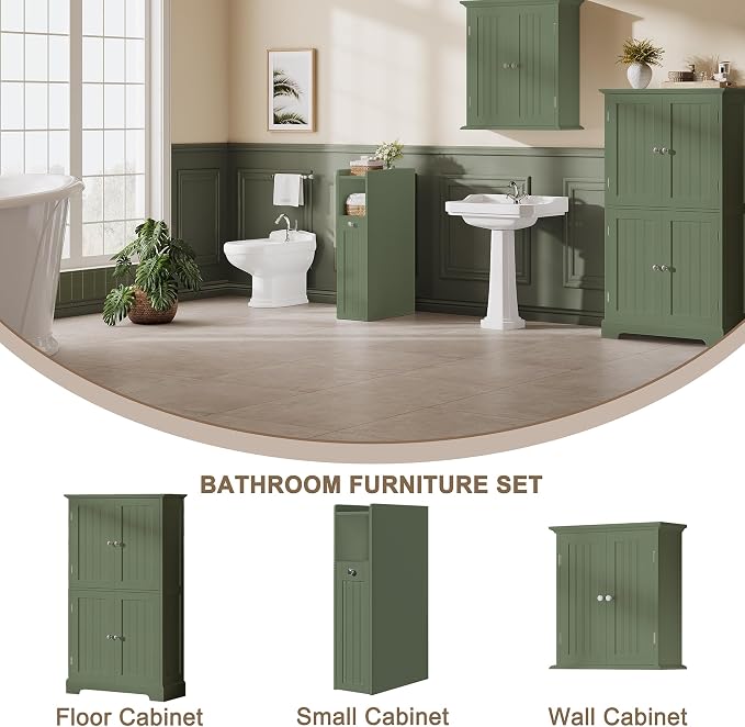 ChooChoo Slim Bathroom Storage Cabinet with Slide Out Drawers | Narrow Storage Organizer with Hidden Storage, Freestanding Toilet Paper Holder, Bathroom Cabinet for Small Places, Green