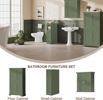ChooChoo Slim Bathroom Storage Cabinet with Slide Out Drawers | Narrow Storage Organizer with Hidden Storage, Freestanding Toilet Paper Holder, Bathroom Cabinet for Small Places, Green