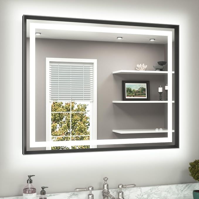 40 x 32 Led Mirror Brushed Black Metal Frame Frontlit & Backlit Vanity Mirror Anti-Fog Stepless Dimmable 3 Colors White/Warm/Natural Wall Mirror with Lights Wall-Mounted