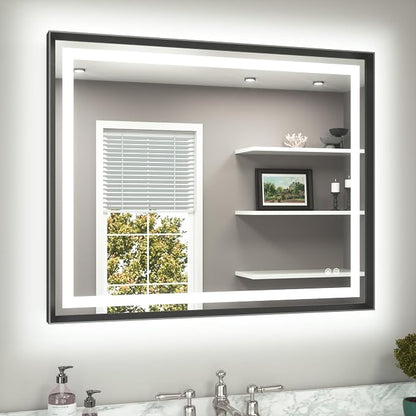 40 x 32 Led Mirror Brushed Black Metal Frame Frontlit & Backlit Vanity Mirror Anti-Fog Stepless Dimmable 3 Colors White/Warm/Natural Wall Mirror with Lights Wall-Mounted