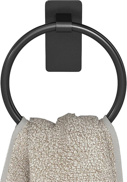 STWWO Hand Towel Holder for Bathroom, Adhesive Round Towel Ring, Black | for Bath RV Kitchen, Self Adhesive No Drill Hole, Easy to Install