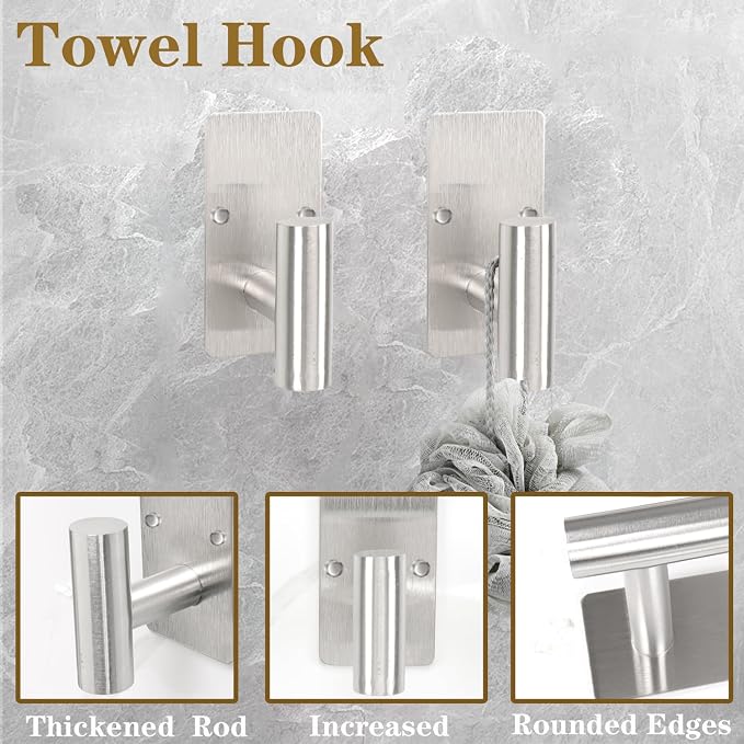 5 Pcs Self Adhesive Bathroom Hardware Set, Stainless Steel Towel Rack Set Include Adjustable 24In Bath Towel Bar+Toilet Paper Holder+3 Towel/Robe Hooks Bathroom Accessory Kit(Brushed Nickel)