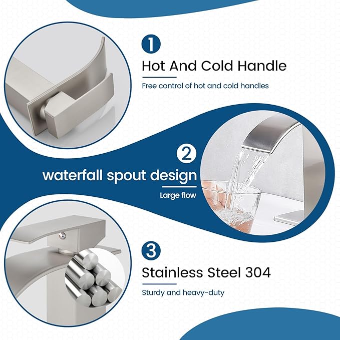 Airuida Waterfall Bathroom Faucet Brushed Nickel Single Handle Single Hole Bathroom Sink Faucet 1 or 3 Hole Basin Mixer Tap, Rv Lavatory Vanity Faucet with Deck Plate and Supply Lines