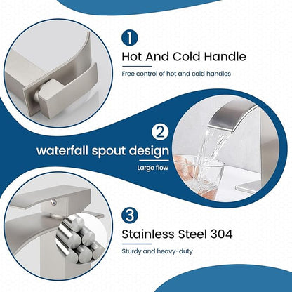 Airuida Waterfall Bathroom Faucet Brushed Nickel Single Handle Single Hole Bathroom Sink Faucet 1 or 3 Hole Basin Mixer Tap, Rv Lavatory Vanity Faucet with Deck Plate and Supply Lines