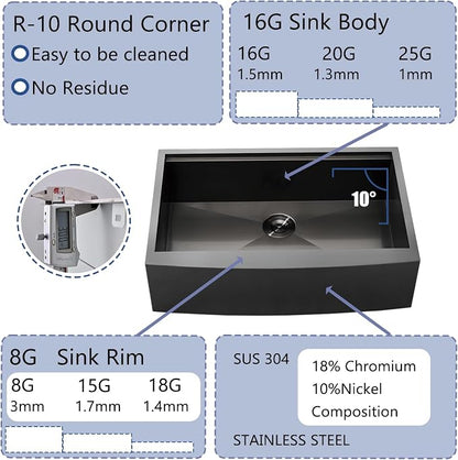 Black Farmhouse Sink 33 Inch - VALISY 33x22 Apron Front Farmhouse Kitchen Sinks 16 Gauge Stainless Steel Undermount Ledge Workstation Deep Single Bowl Luxury Rustic Farm Sinks with All Accessories