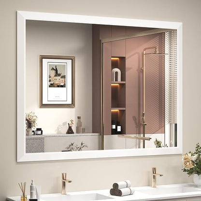 SMIROR 48x36 Matte White Bathroom Vanity Mirror for Over Sink | Metal Wide Frame, Rectangle, Right- Angle Corner, Anti-Rust, Horizontally or Vertically Wall- Mounted for Home Remodel