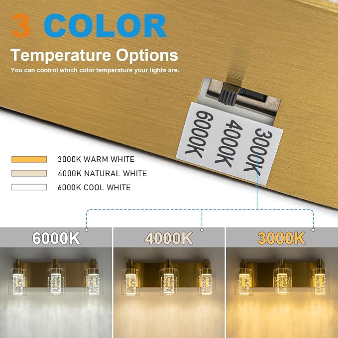 SineRise Vanity Light with 3 Color Modes (3000K/4000K/6000K), Eye Protection LED Bathroom Light Fixture, Dimmable Modern Wall Light Over Mirror with Clear Glass Shade (Gold, 3-Light)