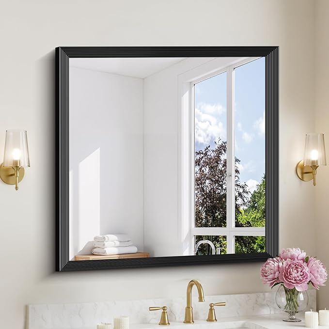 Black Bathroom Mirror 36 x 36 Inch Rectangle Wave Beveled Frame for Wall Bathroom Vanity Mirror for Over Sink, Tempered Glass,for Entryway Hangs, Bathroom Living Room Horizontal or Vertical