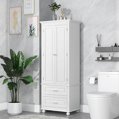 Merax 62.5" Pantry Cabinet with Two Doors & Two Drawers, Adjustable Shelves Storage Cupboard for Kitchen/Dining Room/Bathroom, White