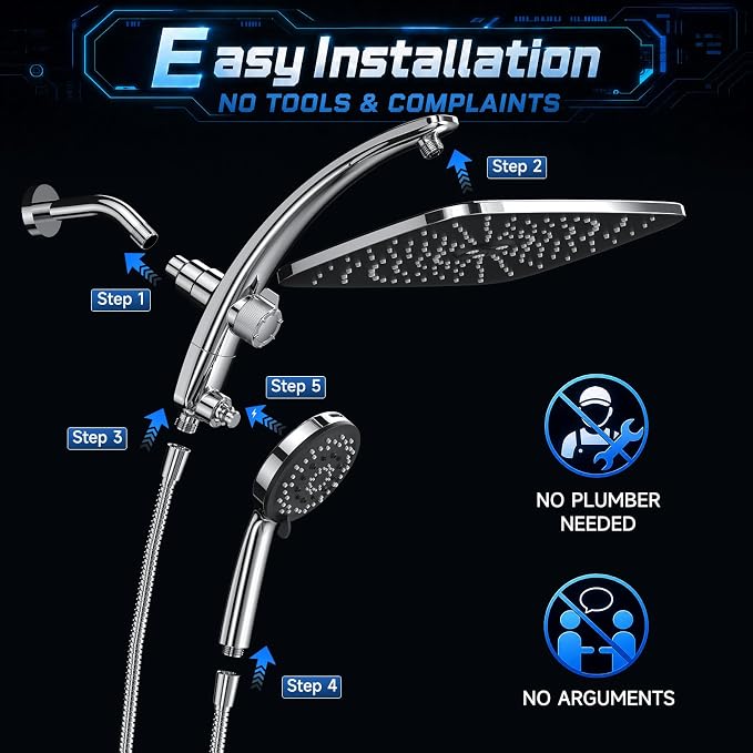 Veken 14" Luxurious Shower Head with Handheld,Full Body Coverage,Power Wash | Magnetic Hand Held,Dual Rain Shower Heads Combo,Large Rainfall,Double Detachable Showerhead,Ducha Para Shower,Chrome,Sliver