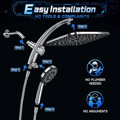 Veken 14" Luxurious Shower Head with Handheld,Full Body Coverage,Power Wash | Magnetic Hand Held,Dual Rain Shower Heads Combo,Large Rainfall,Double Detachable Showerhead,Ducha Para Shower,Chrome,Sliver