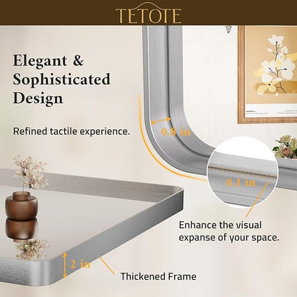TETOTE 60 x 40 Inch Brushed Silver Bathroom Mirror, Bathroom Vanity Mirror, Modern Rectangle Round Corner Matte Framed Mirror (Horizontal/Vertical)