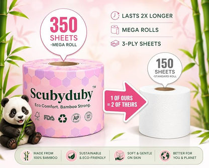 Premium & Soft Bamboo Toilet Paper | PFAS Free | 12 Mega Rolls, 3 ply & 350 Sheets | Non Toxic, Septic Safe, BPA Free | Tree Free Toilet Tissue | Plastic Free Packaging