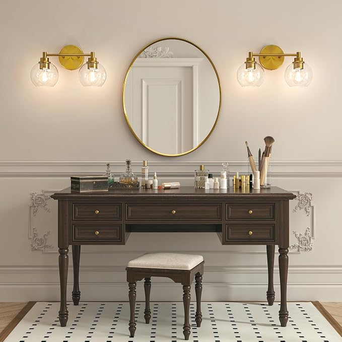 VONLUCE 2 Light Bathroom Vanity Light Fixtures, Gold Finish | Globe Glass Shades, E26 Sockets, Easy to install, Vanity Lights for Bedroom Hallway Living Room