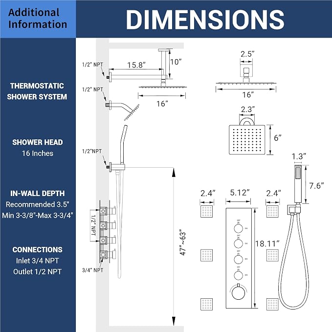 Dasan Thermostatic Dual Shower Head System with 6 Body Jets, 6-Inch Shower Head & 16” Rainfall Shower, Luxury Brushed Gold Shower Faucet Set Tandem Rain Shower Head System for Couples/ 2-Person