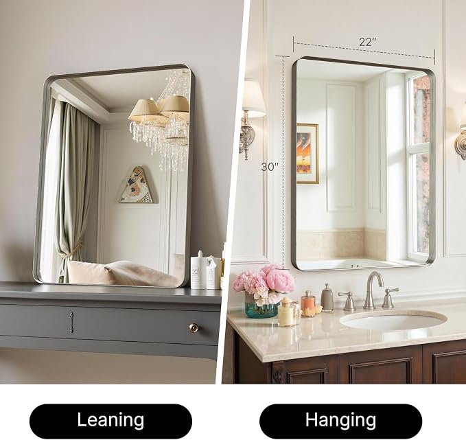 30"x22"Bathroom Mirror for Wall Metal Framed Brushed Nickel | Anti-Rust, HD Reflection Anti-Desilvering, Distortion Free, Tempered and Shatter-Proof Wall Mounted Mirror