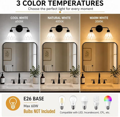2 Light Black Bathroom Light Fixture,Modern Black Vanity Lighting Over Mirror,Cute White Glass Flower Lampshade,Wall Sconces,E26 Socket(Bulbs Not Included)