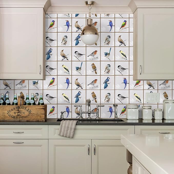 Alwayspon Vinyl Sticker Peel and Stick, Self-Adhesive Wall Tile Transfers Backsplash Sticker Decal for Kitchen Bathroom, 6x6inch/15x15cm 30Pcs, Birds T032