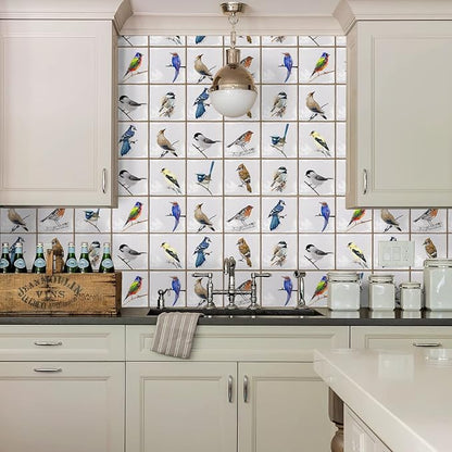 Alwayspon Vinyl Sticker Peel and Stick, Self-Adhesive Wall Tile Transfers Backsplash Sticker Decal for Kitchen Bathroom, 6x6inch/15x15cm 30Pcs, Birds T032