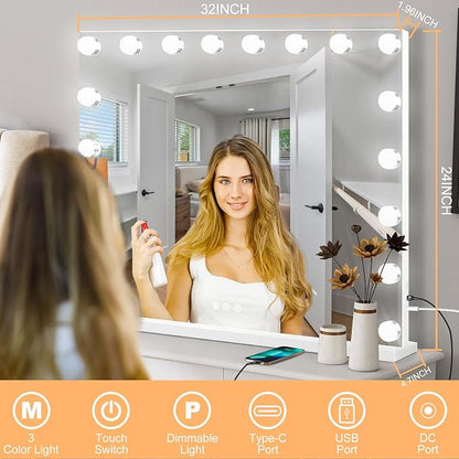 Moonee Hollywood Vanity Mirror with Lights,Makeup Mirror with 18 Dimmable Bulbs and 10X Magnification,3 Colors Modes,Aluminum Metal Frame,USB Charging Port（32" x 24"）