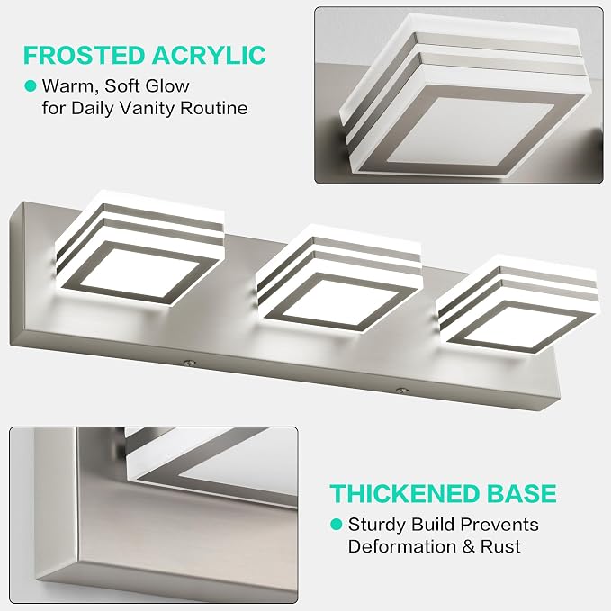 SOLFART LED Bathroom Vanity Light Fixtures： 3 Light Brushed Nickel Modern Acrylic Bathroom Wall Lighting Fixtures Over Mirror 20in