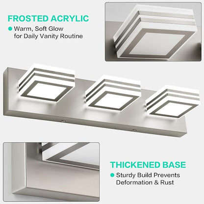 SOLFART LED Bathroom Vanity Light Fixtures： 3 Light Brushed Nickel Modern Acrylic Bathroom Wall Lighting Fixtures Over Mirror 20in