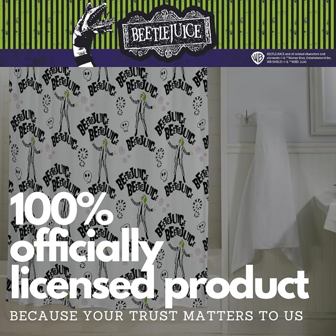 Beetlejuice Halloween 13-Piece Shower Curtain Set, 72 x 72 Inch Fabric Curtain with Hooks, Bathroom Decor, Machine Washable, (100% Officially Licensed Product) by Franco Collectibles