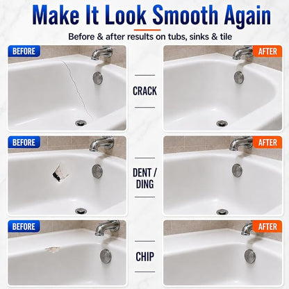Tub Repair Kit White, Bathtub Repair Kit for Enamel, Fiberglass, Acrylic | For Chips, Cracks, Scratches, Holes & Rust on Porcelain, Patch & Repairs Cast Iron Tubs, Toilet, Sink, Shower Pan in Bathroom