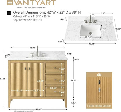 Vanity Art 42 inch Bathroom Vanity with Single Sink & Ceramic Top, Vanity Cabinet with Soft-Closing Door, Solid Wood Frame, Linear Pattern, Natural Oak, Golden Brushed Handware VA9142-NO-GB