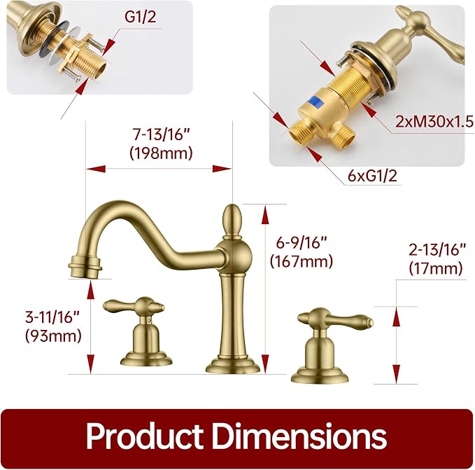 SUMERAIN 8 inch Widespread Bathroom Sink Faucet, Brushed Gold | 3 Holes, 2 Handle, 360°Swivel Spout, Vintage Style