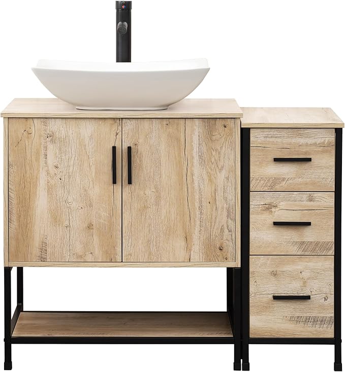 UEV 42" Rustic Oak Bathroom Vanity with Sink Combo,Industrial Iron Frame Bathroom Cabinet Sets with 3 Drawers Side Cabinet,Modern Artistic Ceramic Vessel Sink(032WH)