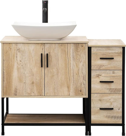 UEV 42" Rustic Oak Bathroom Vanity with Sink Combo,Industrial Iron Frame Bathroom Cabinet Sets with 3 Drawers Side Cabinet,Modern Artistic Ceramic Vessel Sink(032WH)