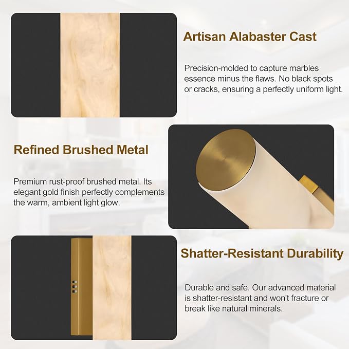 Alabaster Wall Sconce, 20in Linear Gold Brass Wall Sconces, Luxury Marble Look Bathroom Vanity Light, 3000K Dimmable Hardwired Wall Lamp for Living Room Bedroom Hallway, 1 Pack, Faux Alabaster