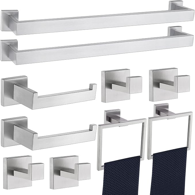 10 Pieces Bathroom Hardware Accessories Set Brushed Nickel,24 Inch Bathroom Towel Rack Set SUS304 Stainless Steel, Square Bath Towel bar Set Heavy Duty, Wall Mounted