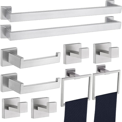 10 Pieces Bathroom Hardware Accessories Set Brushed Nickel,24 Inch Bathroom Towel Rack Set SUS304 Stainless Steel, Square Bath Towel bar Set Heavy Duty, Wall Mounted
