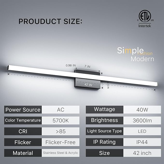 42Inch LED Bathroom Vanity Light Bar 5700K Dimmable Led Bathroom Light Over Mirror Modern Bath Wall Light Cool White ETL Certified 40W