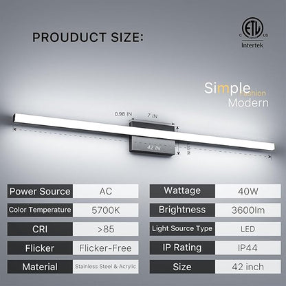 42Inch LED Bathroom Vanity Light Bar 5700K Dimmable Led Bathroom Light Over Mirror Modern Bath Wall Light Cool White ETL Certified 40W