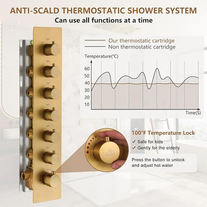 CASAINC 27x16 Inch Thermostatic Shower System Luxurious 6 Functions Full Body Shower System with Sliding Rod 2 in 1 Handheld, LED & Music (Brushed Gold)