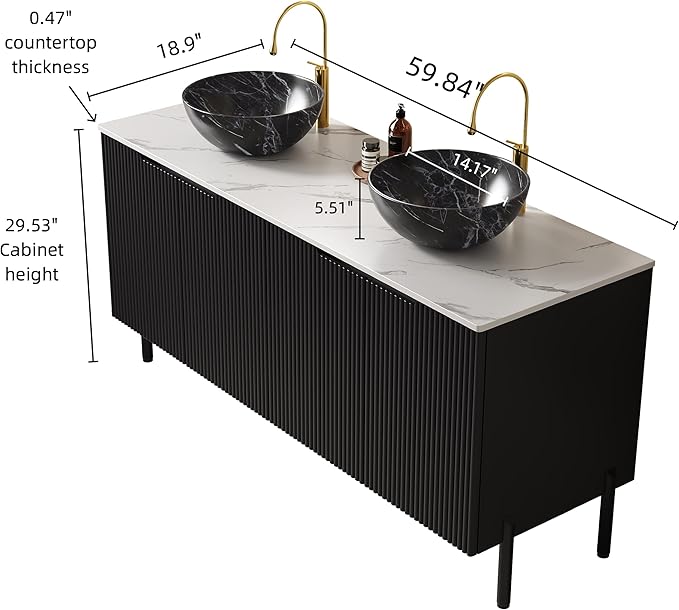 Ambrovina 60" Bathroom Vanity with Double Sink, Freestanding Bathroom Storage Cabinet with 4 Soft-Closing Doors, 2 Black Bowl Ceramic Basins and Carrara White Sintered Stone Countertop, Gloss Black