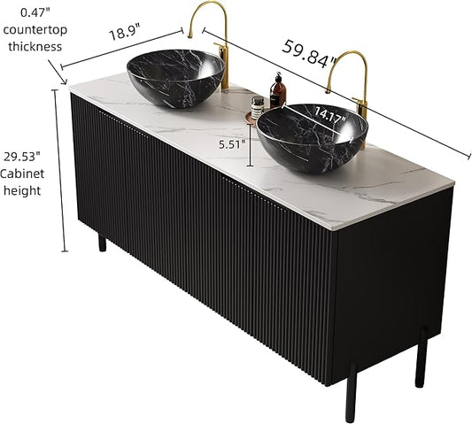 Ambrovina 60" Bathroom Vanity with Double Sink, Freestanding Bathroom Storage Cabinet with 4 Soft-Closing Doors, 2 Black Bowl Ceramic Basins and Carrara White Sintered Stone Countertop, Gloss Black