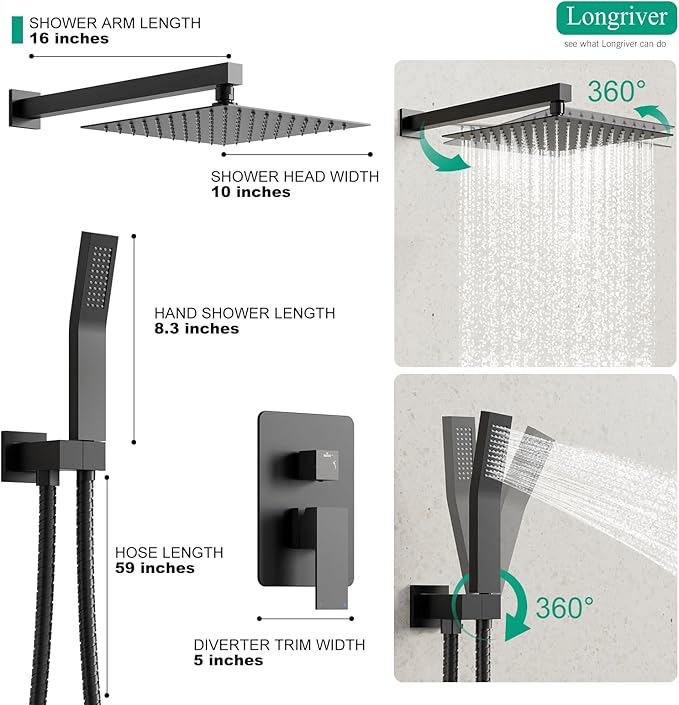 Longriver S200 Shower Faucet Set, Shower System Bathroom High Pressure 10 Inches Rainfall Shower Head with Handheld Spray, Wall Mounted Shower Fixtures with Shower Valve and Trim Kit, Matte Black