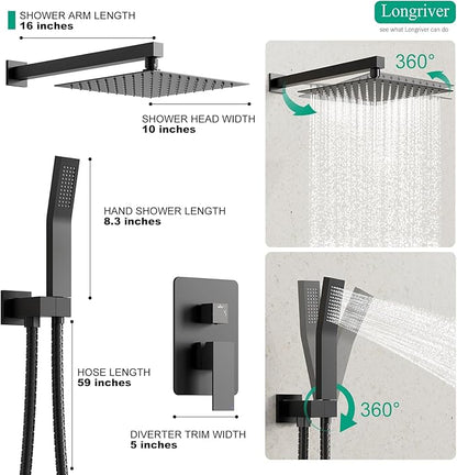 Longriver S200 Shower Faucet Set, Shower System Bathroom High Pressure 10 Inches Rainfall Shower Head with Handheld Spray, Wall Mounted Shower Fixtures with Shower Valve and Trim Kit, Matte Black