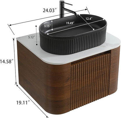 24" Preassembled Floating Bathroom Vanity with Black Sink, Walnut | Mid-Century Modern Style, Fluted & Soft-Close Drawer with U-shaped Wall, Sinterted Stone Countertop, Towel Rack Included